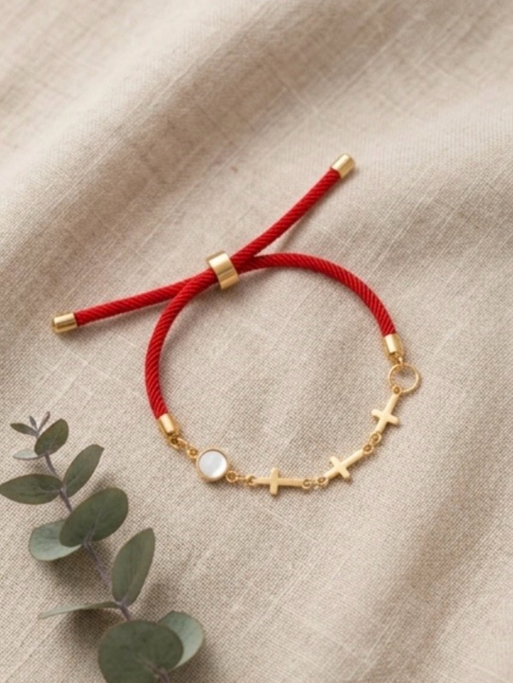 Gold Cross & Mother-of-Pearl Red Cord Bracelet
